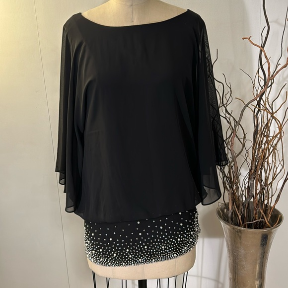 Roz & Ali Tops - Roz & Ali crepe long sleeve blouse with rhinestone detail